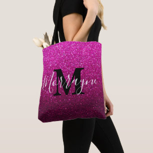 Hot Pink Glitter Ombre Sparkles Metallic Monogram Tote Bag