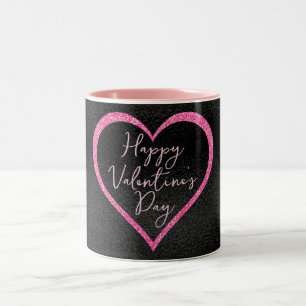 Hot Pink Glitter on Black Valentine's Day Two-Tone Coffee Mug