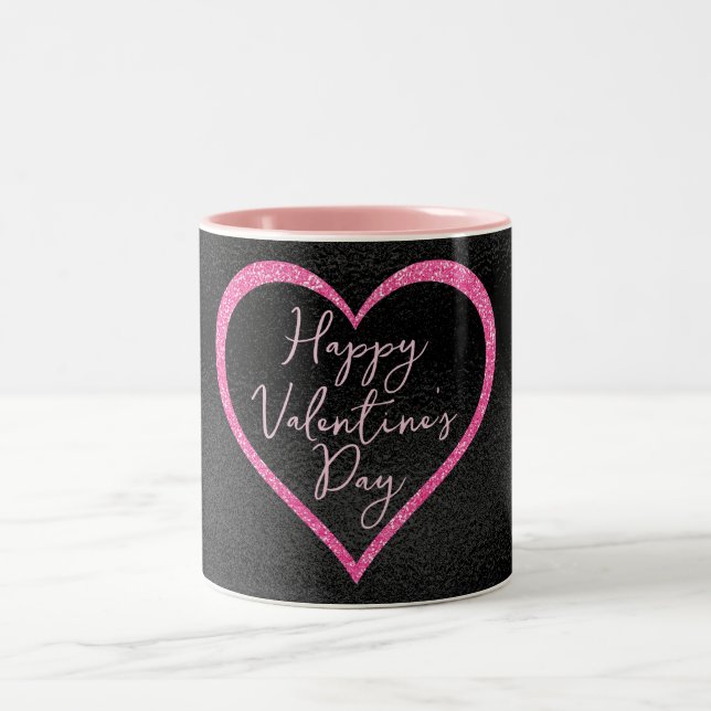 Hot Pink Glitter on Black Valentine's Day Two-Tone Coffee Mug (Center)