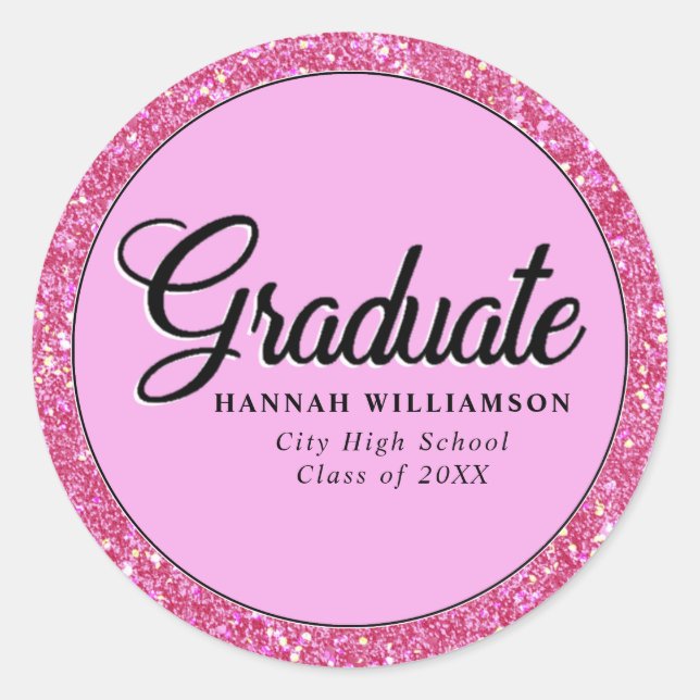 Hot Pink Glitter Personalised Graduation Classic Round Sticker (Front)