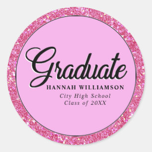 Hot Pink Glitter Personalised Graduation Classic Round Sticker