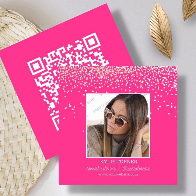 Hot Pink Glitter | Photo Social Media | QR Code   Square Business Card (Creator Uploaded)