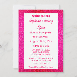 Hot Pink Glitter Quinceanera 15th Birthday Party  Invitation