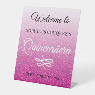 Hot Pink Glitter Quinceañera 15th Birthday Welcome Pedestal Sign