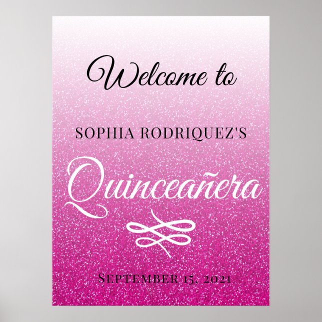 Hot Pink Glitter Quinceañera 15th Birthday Welcome Poster (Front)