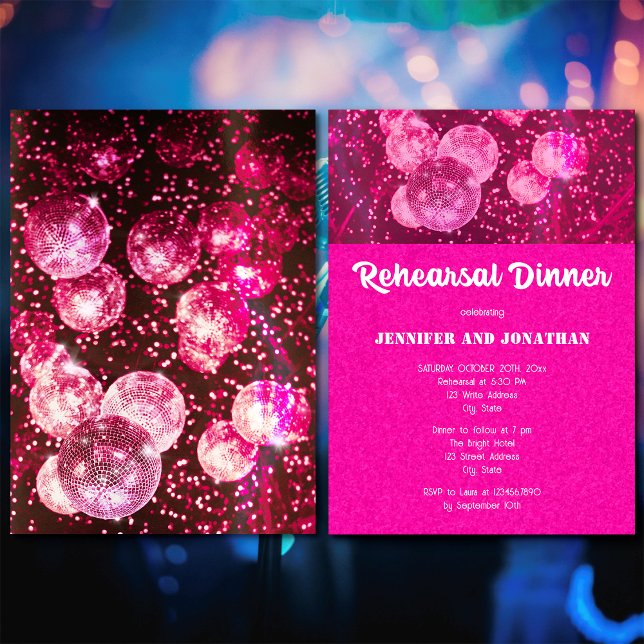 Hot Pink Glitter Retro Disco Ball Rehearsal Dinner Invitation (Front and Back)