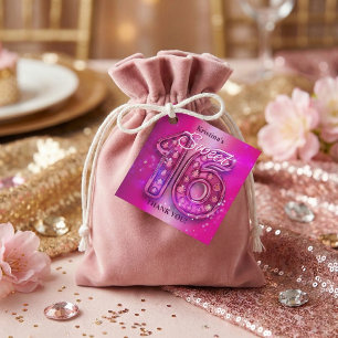 Hot Pink Glitter Rhinestone Glam Sweet 16 Birthday Favour Tags