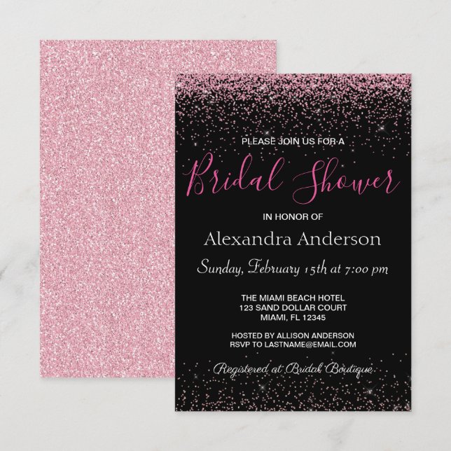 Hot Pink Glitter Sparkle Bridal Shower Invitation (Front/Back)