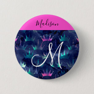 Hot Pink Glitter Sparkles Mermaid Crowns Monogram 6 Cm Round Badge