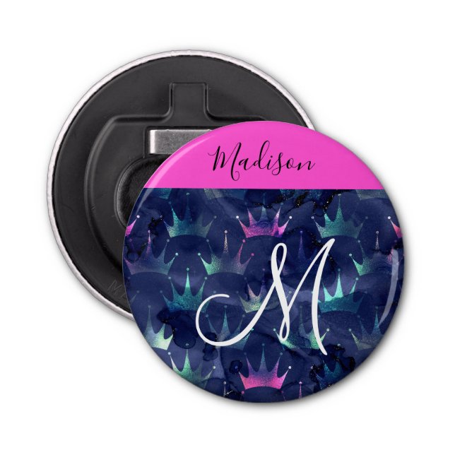 Hot Pink Glitter Sparkles Mermaid Crowns Monogram Bottle Opener (Front)