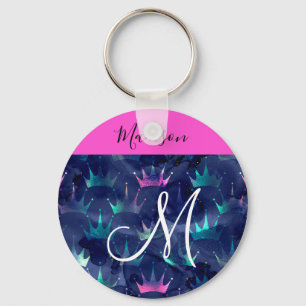 Hot Pink Glitter Sparkles Mermaid Crowns Monogram Key Ring