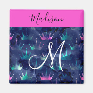 Hot Pink Glitter Sparkles Mermaid Crowns Monogram Magnet