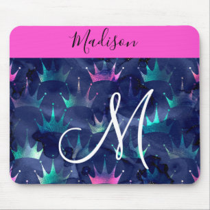 Hot Pink Glitter Sparkles Mermaid Crowns Monogram Mouse Mat