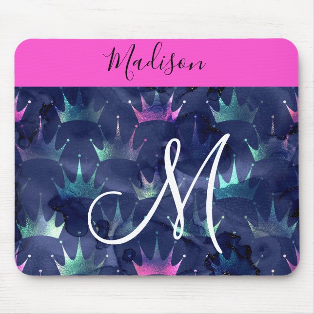 Hot Pink Glitter Sparkles Mermaid Crowns Monogram Mouse Mat (Front)