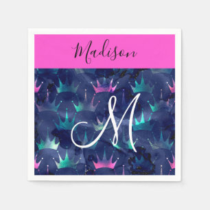 Hot Pink Glitter Sparkles Mermaid Crowns Monogram Napkin