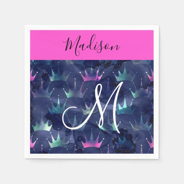 Hot Pink Glitter Sparkles Mermaid Crowns Monogram Napkin (Front)