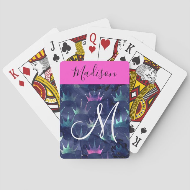 Hot Pink Glitter Sparkles Mermaid Crowns Monogram Playing Cards (Back)
