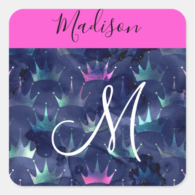 Hot Pink Glitter Sparkles Mermaid Crowns Monogram Square Sticker (Front)