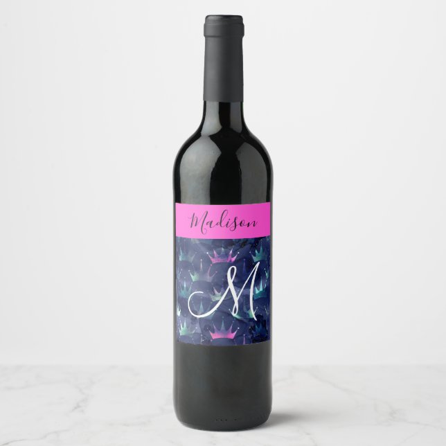 Hot Pink Glitter Sparkles Mermaid Crowns Monogram Wine Label (Front)