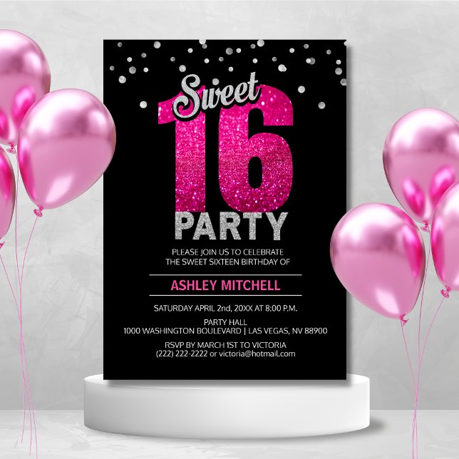 Hot Pink Glitter Sparkles SWEET SIXTEEN 16 Party Invitation (Hot Pink Glitter Sparkles SWEET SIXTEEN 16 Party Invitation)