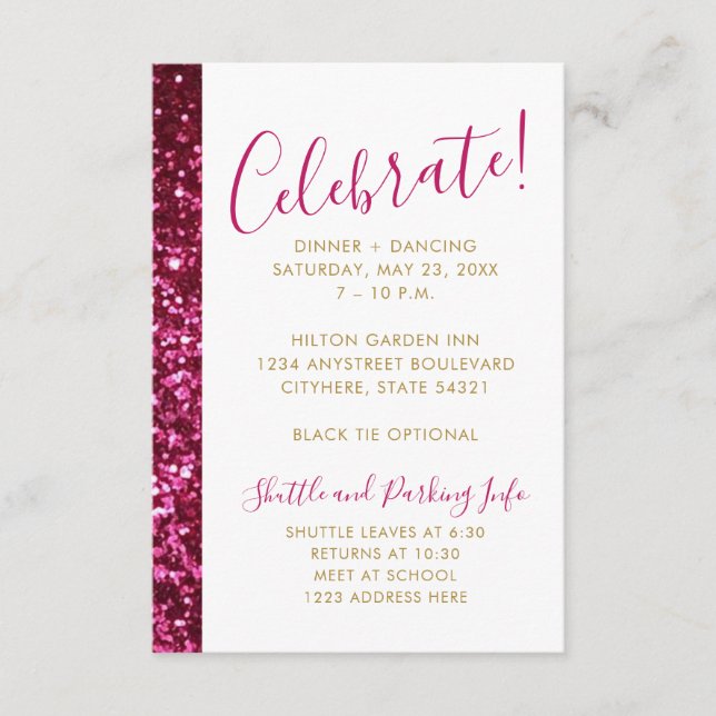 Hot Pink Glitter Stripe Modern Mitzvah Receiption Enclosure Card (Front)
