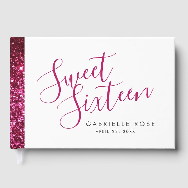 Hot Pink Glitter Stripe Modern Sweet 16 Guest Book (Front)