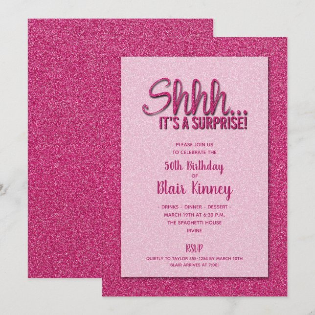 Hot Pink Glitter SURPRISE Birthday Invitation (Front/Back)