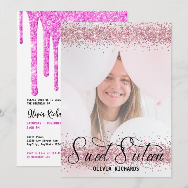 Hot Pink Glitter | Sweet Sixteen Invitation (Front/Back)
