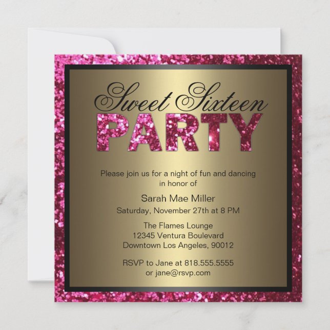 Hot Pink Glitter Sweet Sixteen Invitation (Front)