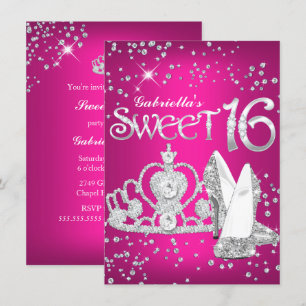 Hot Pink Glitter Tiara Heels Sweet 16 Invite