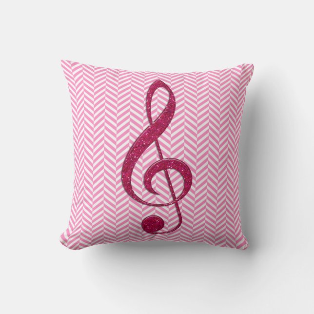 Hot Pink Glitter Treble Clef on Pink Chevron Cushion (Front)