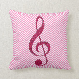 Hot Pink Glitter Treble Clef on Pink Chevron Cushion