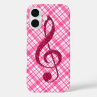 Hot Pink Glitter Treble Clef on Pink Plaid