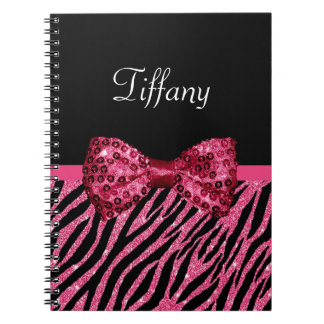 Hot Pink Glitter Zebra Bow Name Notebook