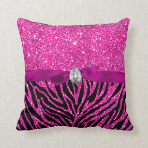 Hot Pink Glitter Zebra Pattern Ribbon Diamond Cute Cushion
