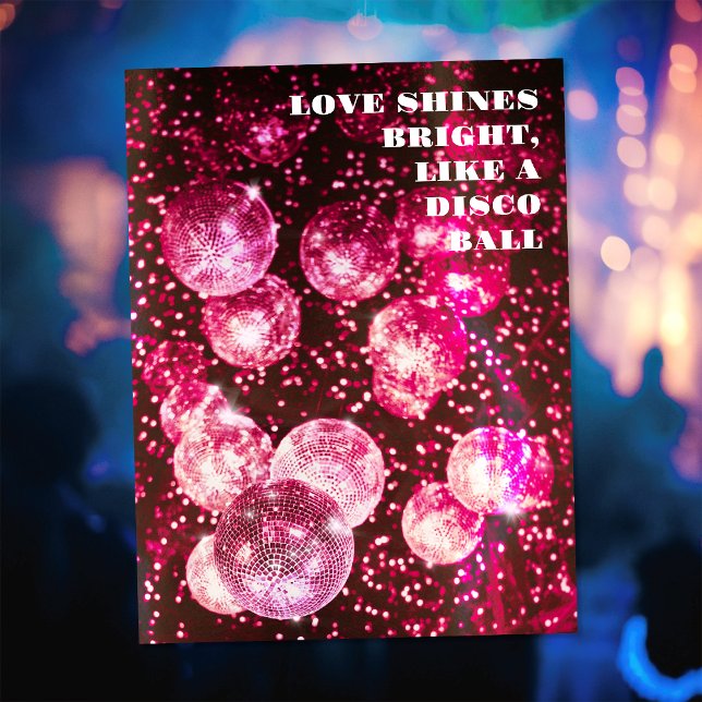 Hot Pink Glitters Retro Disco Ball Save The Date Postcard (Front)