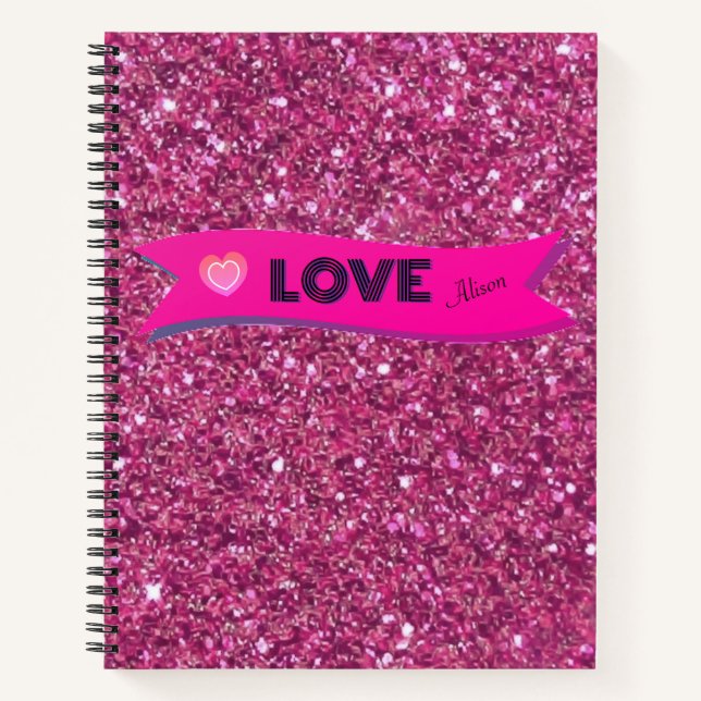 Hot Pink Glittery LOVE Valentine's Day Heart Girly Notebook (Front)