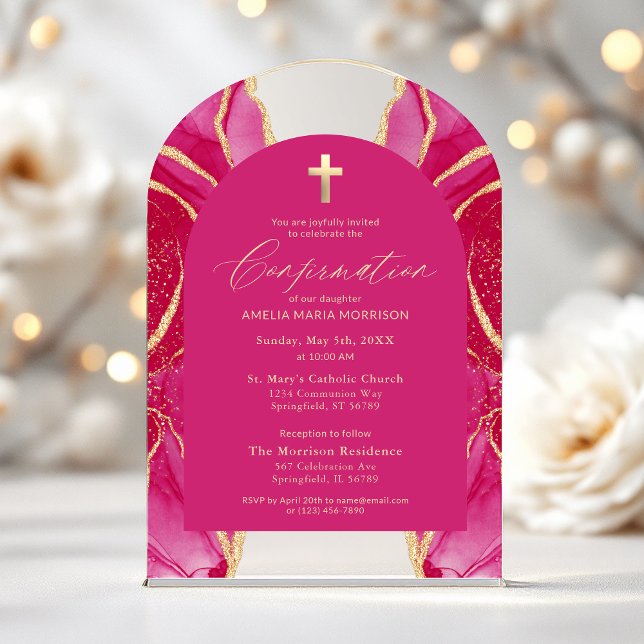 Hot Pink Gold Agate Confirmation Modern Acrylic Invitations (Creator Uploaded)