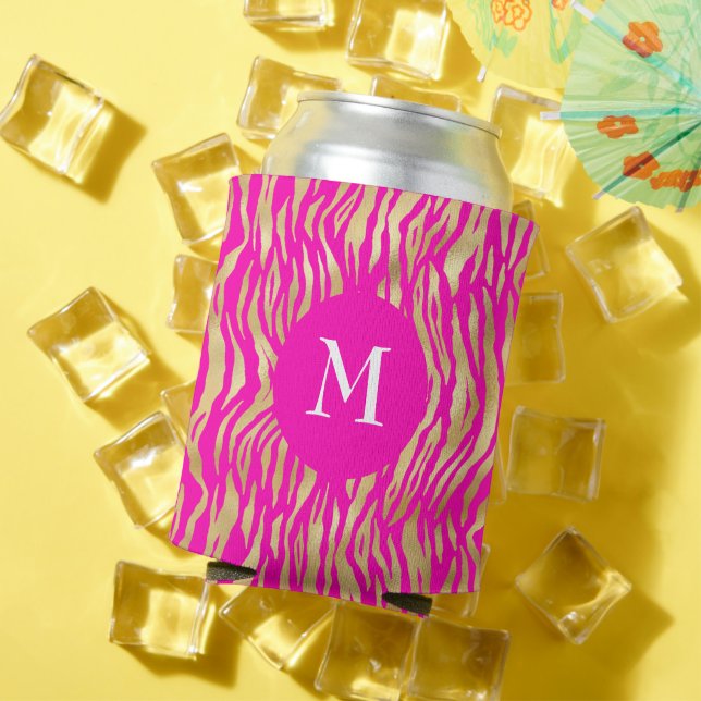Hot Pink Gold Animal Print Monogram Glam Chic Bold Can Cooler (In Situ Summer)