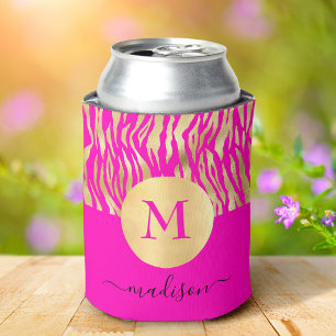Hot Pink Gold Animal Print Monogram Name Glam Chic Can Cooler