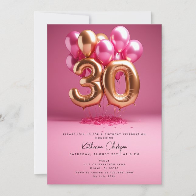 Hot Pink Gold Balloons 30th Birthday Party Invitation (Front)