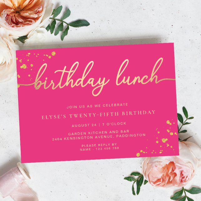 Hot Pink Gold Birthday Lunch Invitation (Birthday Lunch Invitation Paintly Hot Pink Gold )