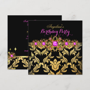 Hot Pink Gold Black Damask Birthday Party 2 Invitation