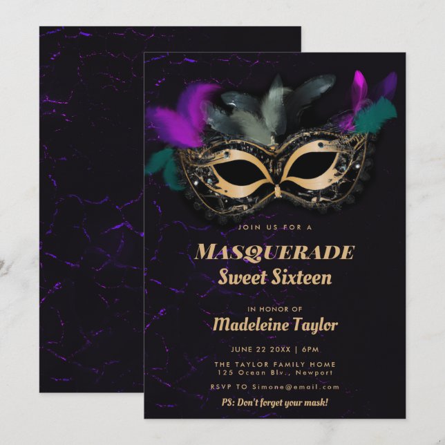 Hot Pink Gold Black Mask Masquerade Sweet 16 Party Invitation (Front/Back)