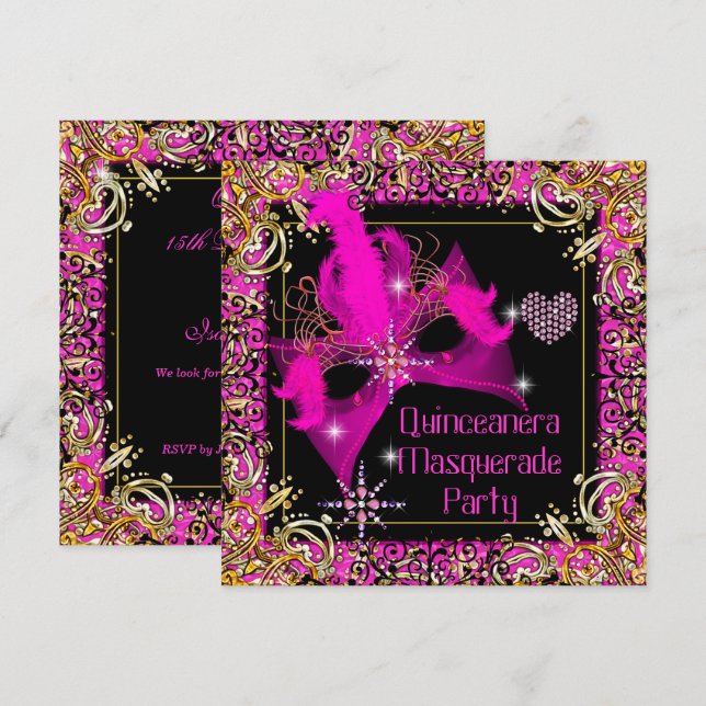 Hot Pink Gold Black Masquerade Quinceanera Party Invitation (Front/Back)