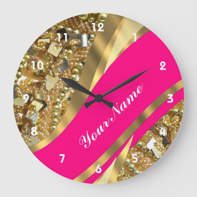 Hot pink & gold bling large clock (Front)