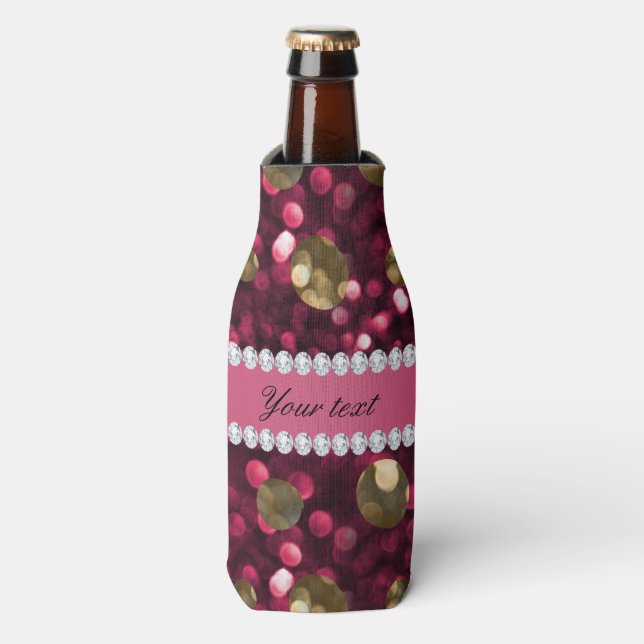 Hot Pink Gold Bokeh Faux Diamonds Personalised Bottle Cooler (Bottle Front)