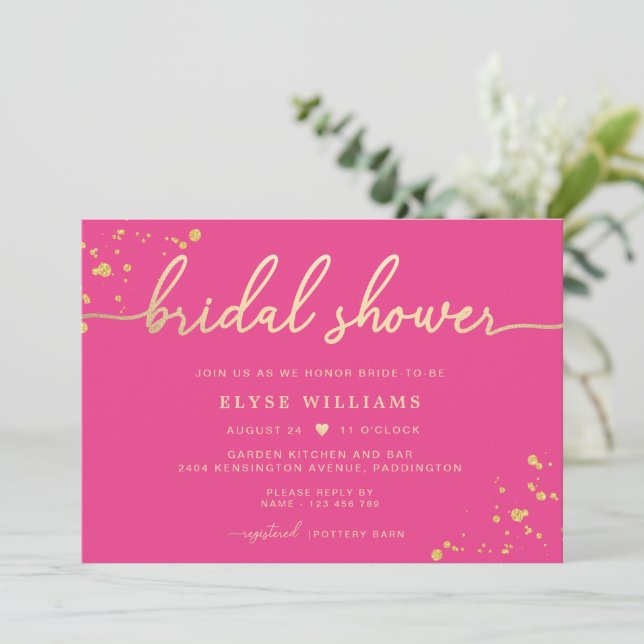 Hot Pink Gold Bridal Shower Invitation (Standing Front)