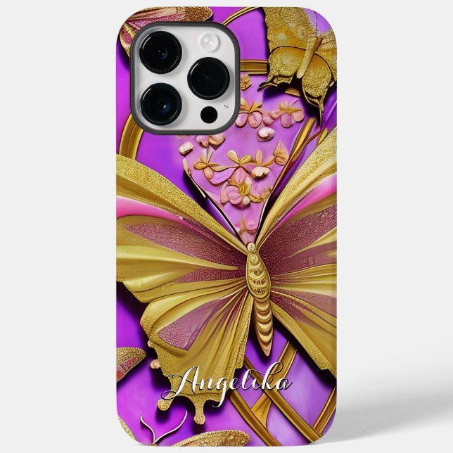 Hot Pink Gold Butterfly Personalised Name Case-Mate iPhone Case (Back)