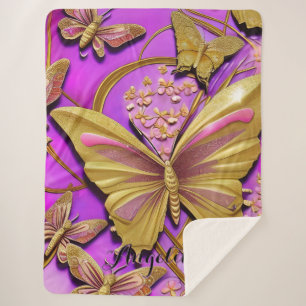 Hot Pink Gold Butterfly Personalised Name Sherpa Blanket